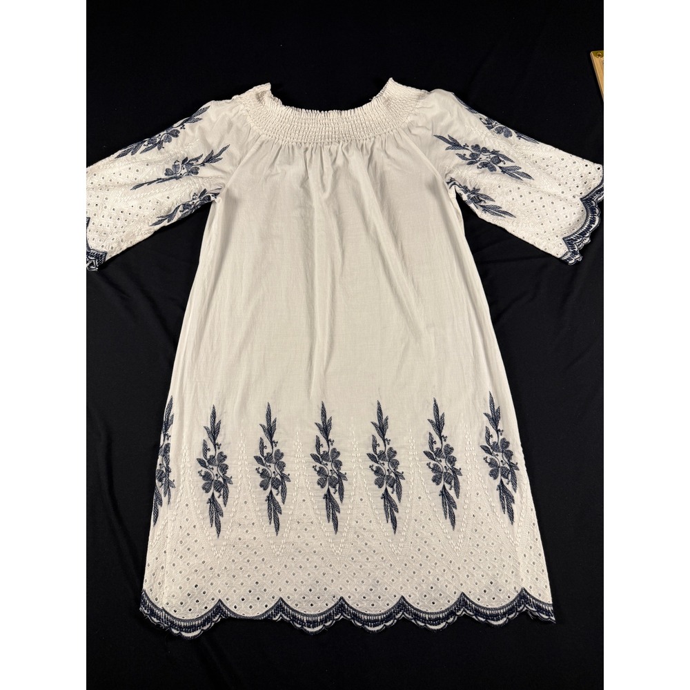 Boho Off Shoulder Embroidered Eyelet Shift Dress White Navy Floral Med Medium